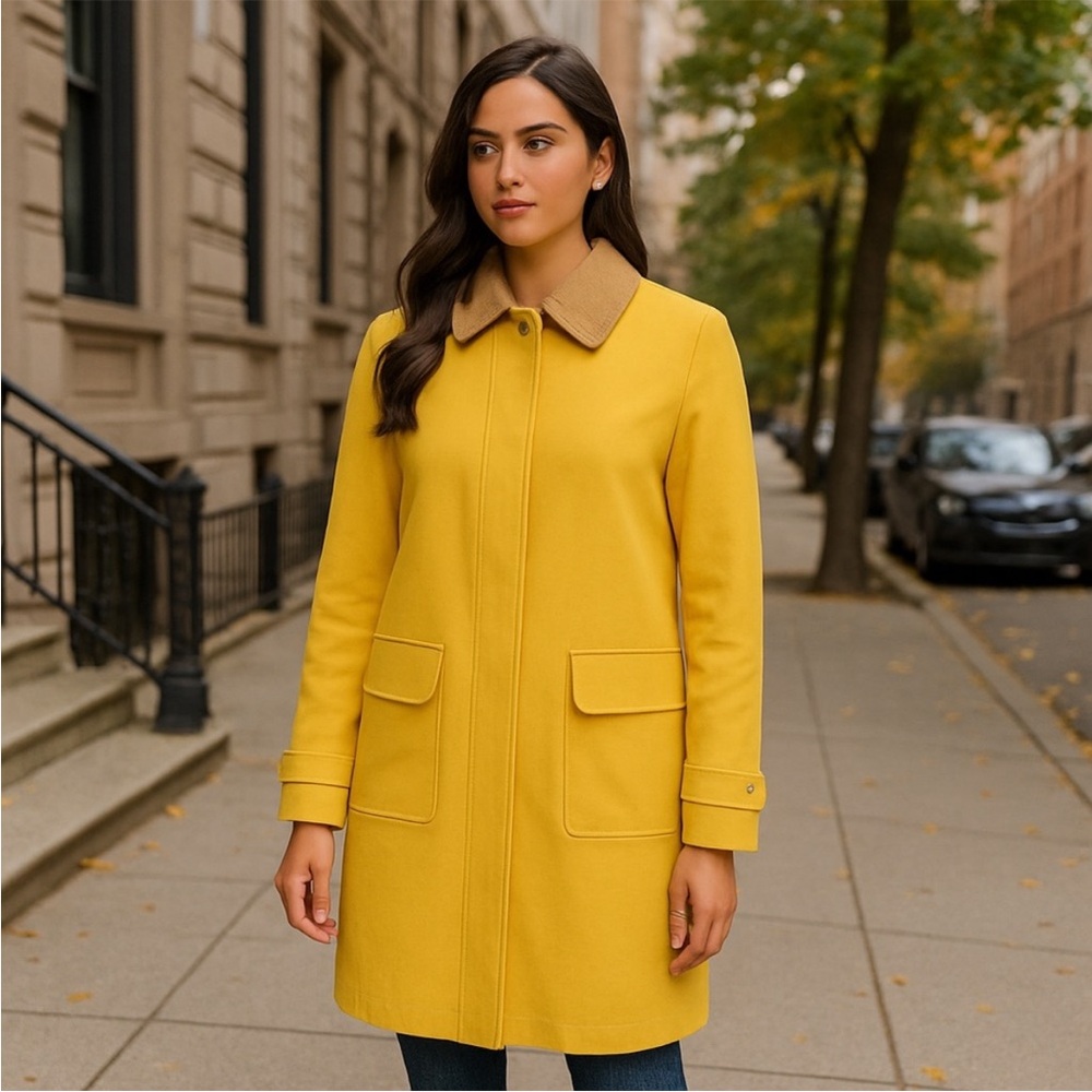 NEW with tags, Isaac Mizrahi Yellow Trench Coat with Tan Contrast Collar